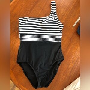 New Tommy Bahamas Black and White Striped One-Shoulder Swimsuit